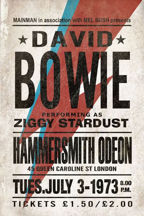 f07af862f68ff40ec8581058a6e Concert posters: Design, Ideas, and Inspiration David Bowie Poster, Foto Muro Collage, Concert Poster Design, Music Concert Posters, Vintage Concert Posters, Rock Band Posters, Vintage Music Posters, Music Poster Design, Ziggy Stardust