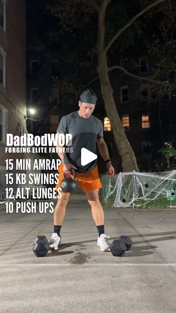 Dad Bod WOD: Kevin Torres on Instagram: "Here’s one you can do in 15 minutes at home instead of spending 60 minutes at the gym. Hit that archive button to save this one for later!  15 Min AMRAP 15 KB Swings 12 Alt DB Lunges 10 Push Ups  I used 35 lbs DBs and 52 lb KB  This is a circuit where you’re moving from one exercise to the next with little to no rest in between each round for as many rounds as you can in 15 minutes  To get access to 30 of my most popular and saved workouts in 2024, drop a “30” down below, and I’ll send you the details!  Follow for more dad-bod-crushing workouts.   Have questions? Drop them down below!" Kb Swings, Dad Bod, Push Ups, 60 Minutes, At The Gym, 15 Minutes, Follow For More, You Can Do, Push Up