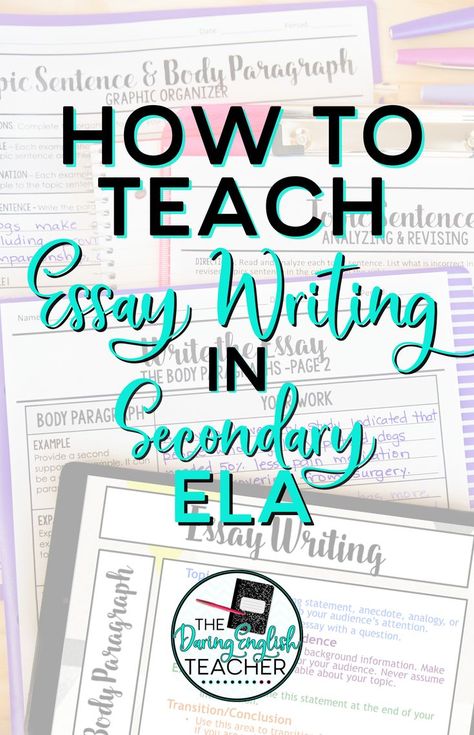 When I teach essay writing in my high school English class, I break it down paragraph-by-paragraph. Check out this blog post for tips on how to teach essay writing in Secondary ELA. Includes tips for brainstorming, outlining, thesis statement, introduction, topic sentences, body paragraphs, and conclusion.

Stop at thedaringenglishteacher.com to get more helpful tips for teaching middle & high school students. Teaching Essay Writing High Schools, Step Up To Writing 5 Paragraph Essay, Teach Essay Writing, Writing An Informative Essay, How To Write Essay, How To Write An Essay Middle School, Essay Writing Tips Middle School, Paragraph Writing High School, Paragraph Writing Middle School