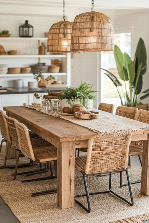 ✨ Modern Boho Dining: Ideas You Need to See Now! 😍 - Dining Side Table Decor, Modern Boho Table Decor, Boho Dining Set, Modern Boho Dining Room Wall Decor, Boho Living Dining Combo, Dining Room Boho Modern, Boho Dining Room Lighting, Scandinavian Interior Design Dining Room, Woven Dining Room Chairs