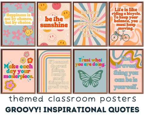 Groovy Poster Art, Retro Classroom Theme Decor, Retro Classroom Posters, Groovy Classroom Theme, Cute Classroom Decor, Boarders For Bulletin Boards, Quotes Classroom, Sisterhood Events, Groovy Decor