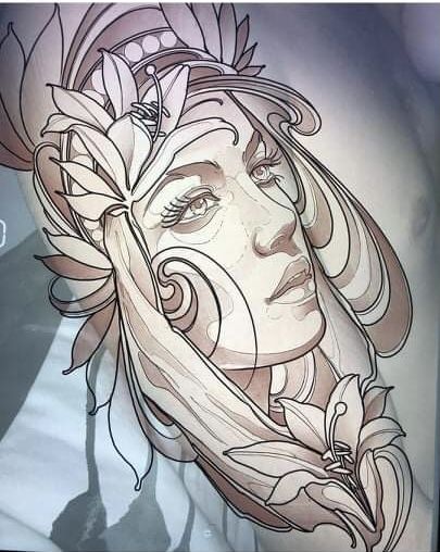 Neo Traditional Art, Underarm Tattoo, Arte Viking, Neo Tattoo, Girl Face Tattoo, Girl Face Drawing, Mythology Tattoos, Tattoo Stencil Outline, Desenho Tattoo