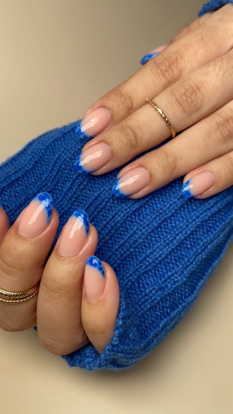 Blue valentine 💙 • @the_gelbottle_inc Michelle, Electric Blue, blooming gel • • #frenchnails #nailinspo #naildesign #bluenails #biabnails… | Instagram Gel X Inspo Almond, French Tip Blue Design, Pink Nails With Blue Tips, Blue Nails Biab, Blue Builder Gel Nails, French Blooming Gel, Blue Nails Blooming Gel, French Tip Blooming Gel, Blooming Gel Nails French Tip