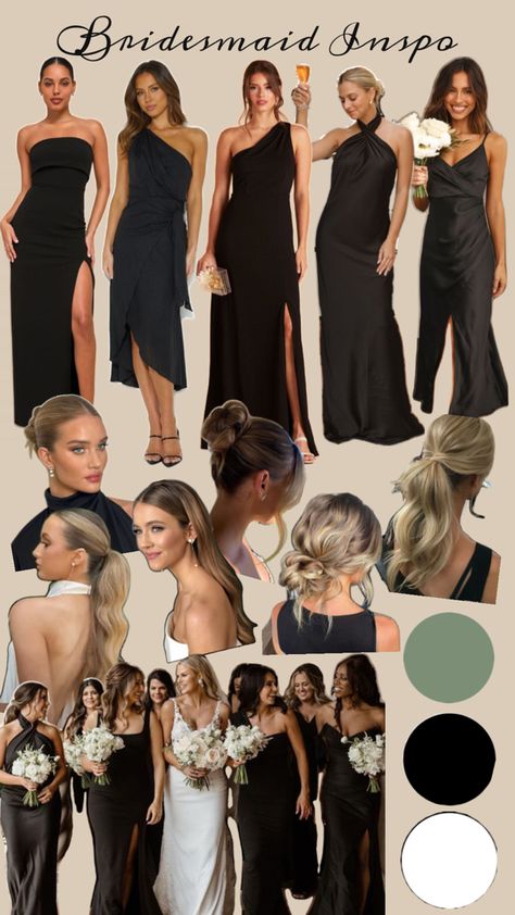 The perfect inspo pics to send to your bridesmaids! For a modern black & white wedding with mismatch bridesmaid dresses. Black White Gold Wedding Theme, Black Bridesmaid Dress Mismatched, January Wedding Colors, Bridesmaids Dress Inspiration, Bridesmaid Attire, Dress Code Wedding, Black Bridesmaids, Mismatched Bridesmaids, White Bridesmaid Dresses