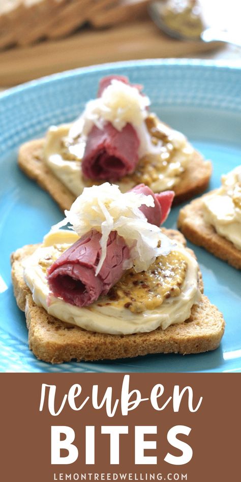 Champagne Party Food, St Patrick Brunch, Rueben Appetizer Recipes, Reuben Appetizer Parties Food, Mini Rueben Bites, Ruben Bites, Elevated Hors D’oeuvres, Dinner On Hot Summer Nights, Appetizer Recipes To Take To A Party