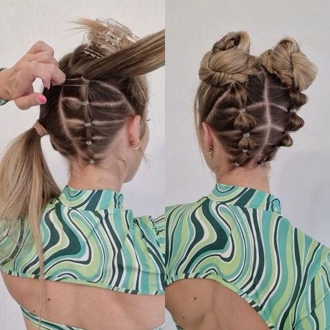 Summer High Space Buns Hairstyle ! ☀️💇‍♀️🪐 | hairstyle, summer | Summer High Space Buns Hairstyle ! ☀️💇‍♀️🪐 | By Simple Bubble Braid Into Space Bun, Cute Dance Hairstyles Jazz, Space Bun Concert Hair, Space Buns With Flowers, Bubble Space Buns, Cute Space Bun Hairstyles, Space Buns With Glitter, All The Way Up Hairstyles, Space Buns Kids Hair