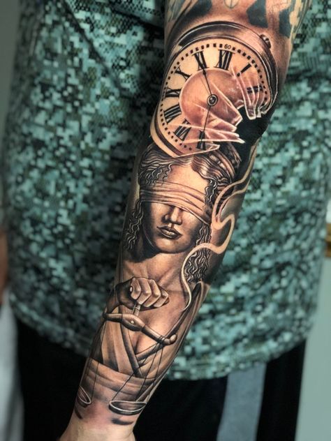 Libra Sleeve Tattoo For Men, Libra Sleeve Tattoos For Women, Lady Justice Tattoo Sleeve, Libra Tattoo For Men Design, Justice Tattoo Men, Libra Tattoo For Men, Libra Inspired Tattoos, Themis Tattoo, Libra Goddess Tattoo