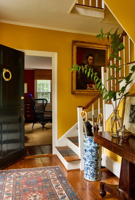 A Designer Fills Her Maine Home With Treasured Collections – Frederic Magazine Yellow Hallway, Downeast Maine, Round Folding Table, Custom Table Cloth, Candlelit Dinner, Yellow Walls, Abstract Painters, Design Del Prodotto, Yellow Painting