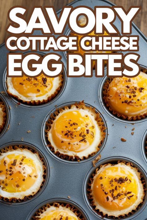 Savory cottage cheese egg bites in a muffin tin, topped with seasoning. Ricotta Cheese Egg Bites, Egg Cottage Cheese Bites, Egg Bites Without Cottage Cheese, Cottage Cheese Baked Eggs, Eggs Cottage Cheese Breakfast, Baked Cottage Cheese Eggs, Cottage Cheese Snacks, Breakfast Rotation, Cottage Cheese Egg Bites