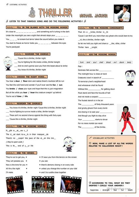 THRILLER, Mickael Jackson - English ESL Worksheets for distance learning and physical classrooms Nursery Rhymes Activities, Listening Activities, Halloween Worksheets, Halloween Songs, Rhyming Activities, English Exercises, Michael Jackson Thriller, English Activities, Word Find