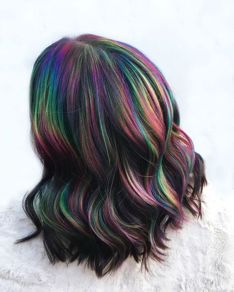 The Rainbow Hair Artist on Instagram: “This one has been sitting in my camera roll for a couple of weeks now, I’m loving how popular this look has been with my clients lately 😍🌈…” Peacock Hair Color, Oil Slick Hair Color, Hair Color Goals, Oil Slick Hair, December Hair, Slick Hair, Peacock Hair, 2020 Hairstyles, Steampunk Heart