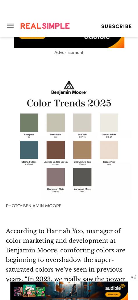 Benjamin Moore has released their 2025 Color Trends palette and it looks like next year's paint shades will be all about quiet sophistication and comfort. Colors Of 2025, Benjamin Moore Paint Colors 2025, Color Boards Colour Palettes, Paint Colors For Home 2025, 2025 Paint Color Trends, Benjamin Moore Color Palette, 2025 Color Trends, Whole House Color Palette, Colour Swatches