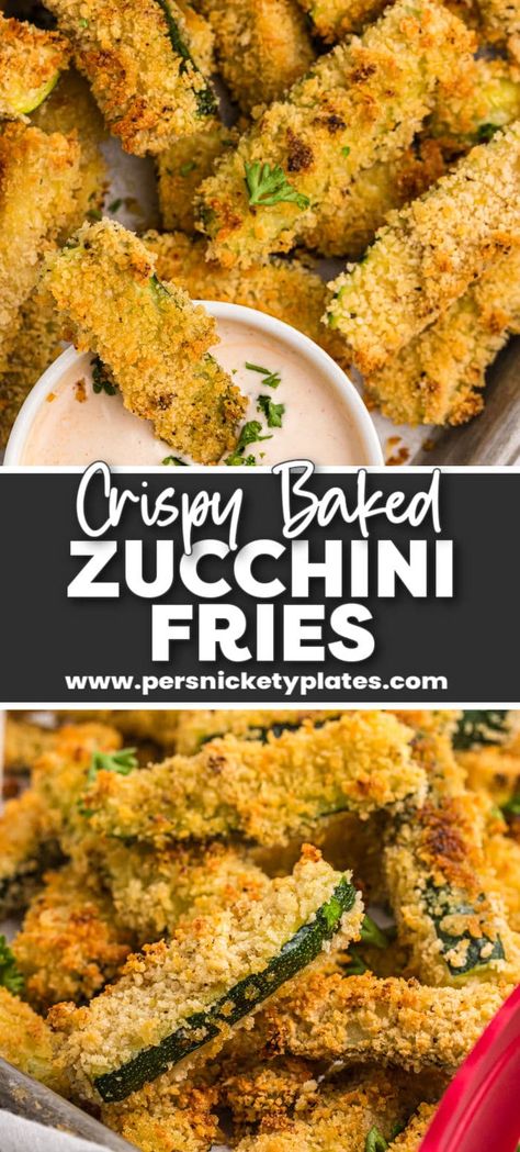 Panko Crusted Zucchini Fries are crispy and seasoned on the outside, tender on the inside, and a great alternative to french fries. Serve with your favorite dipping sauce and even your kids will be asking for seconds! | www.persnicketyplates.com Zucchini Fry Dipping Sauce, Zucchini Fries Baked, Oven Baked French Fries, Baked Zucchini Fries, Persnickety Plates, Veggie Fritters, Zucchini Side Dishes, Vegetarian Casserole, Baked Zucchini