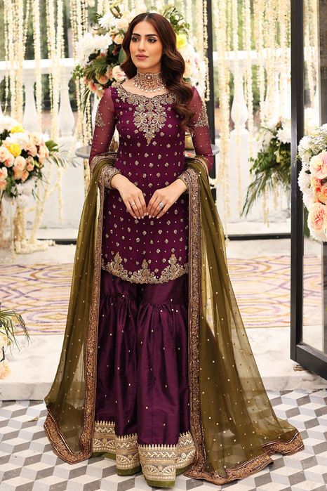 Show details for Maalika Mendhi Outfits Pakistani, Mehndi Sharara Outfit, Mendi Night, Mehndi Sharara, Purple Gharara, Mehndi Gharara, Mehndi Outfit Bridal, Silk Gharara, Sharara Outfits