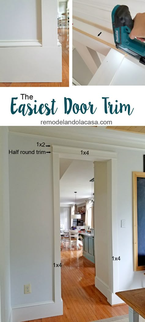 work the trim around doorways with Makita pin nailer and Dremel Oscillating tool Trim Around Interior Openings, Diy Door Casing Trim Work, Craftsman Interior Door Trim, Indoor Door Trim Ideas, Diy Doorway Trim, Diy Doorway Casing, Minimalist Door Trim, Interior Door Casing Ideas, Modern Farmhouse Door Trim