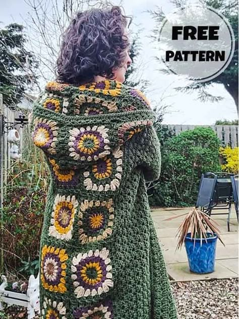 This wonderful granny square crochet cardigan pattern with traditional touches is with you. It is also a great alternative for those who need a crochet hooded cardigan. You can make this crochet long cardigan short if you want. Free Crochet Hexagon Cardigan Patterns, Crochet Sweater Cardigan, Granny Square Cardigan Free Pattern, Long Crochet Cardigan Pattern Free, Free Granny Square Cardigan Pattern, Hexagon Cardigan Crochet Pattern Free, Square Crochet Cardigan Pattern, Crochet Hoodie Pattern Free, Granny Square Crochet Cardigan Pattern