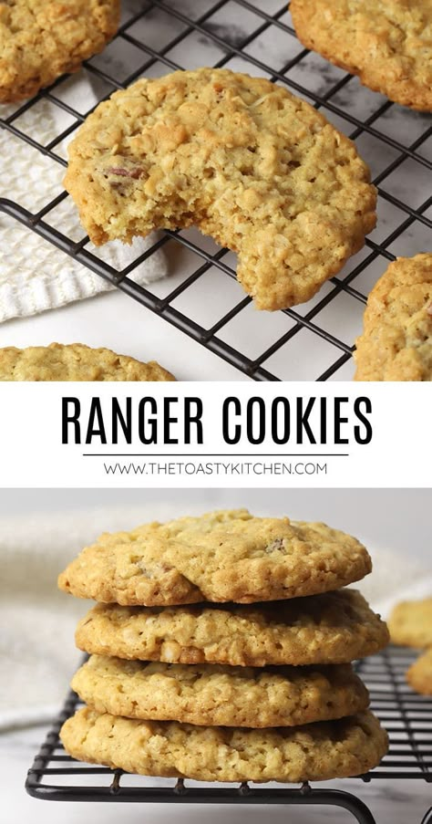 Ranger cookies recipe by The Toasty Kitchen. Ranger cookies are oatmeal cookies filled with extra mix-ins like rice krispies cereal, shredded coconut, and chopped pecans. They're chewy and sweet with a little bit of crunch! #rangercookies #oatmealcookies #cowboycookies #dessert #cookierecipe #recipe Ranch Cookies Recipe, Rancher Cookies, Ranger Cookies Recipe, Cookies With Rice Krispies, Ranch Cookies, Ranger Cookies, Rice Krispies Cereal, Chewy Oatmeal Cookies, Cereal Cookies