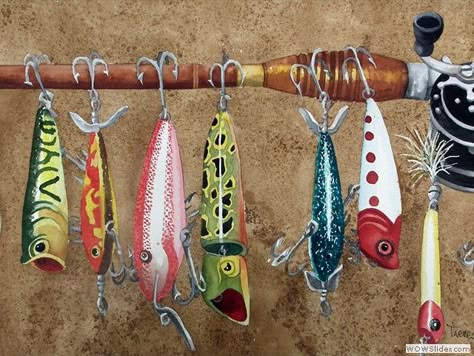 Fishing Lures Painted Fishing Lures, Fishing Lures Painting, Fishing Watercolor Easy, Watercolor Fly Fishing Flies, Fishing Lure Crafts, Fishing Lure Painting, Fishing Lure Art, Bass Painting, Christmas Canvases