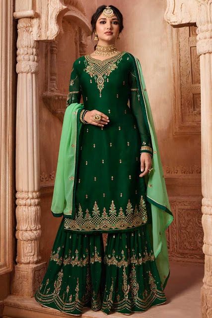 Indian Fashion Salwar, Green Gharara, Sharara Suit Designs, Pakistani Sharara, Green Sharara, Gharara Suits, Embroidered Sharara, Sharara Designs, Prachi Desai