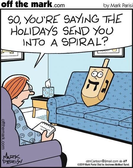 Therapy Cartoon, Funny Hanukkah Cards, Happy Hanukkah Images, Filled Eggs, Old Jewelry Box, Winter Humor, Mark Parisi, Hanukkah Dreidel, Funny Hanukkah