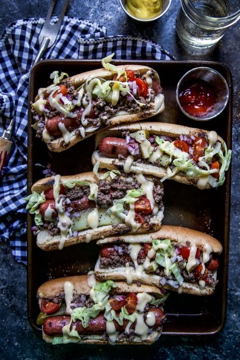 Loaded Cheeseburger Hot Dogs - Climbing Grier Mountain Recipes With Hot Dogs, Dishes To Make, Cheddar Cheese Sauce, Recipes To Cook, Red Onion Relish, Football Party Food, Holiday Eating, Football Food, Pool Bar