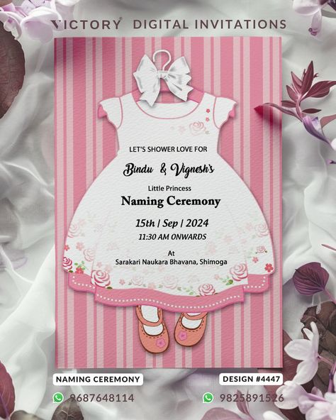 Order Now: Call / WhatsApp: +91 9687648114 / +91 9825891526 Baby Naming ceremony invitation card in english language with baw, girl shoes as minimalistic theme design 4447 The minimalistic Theme of Naming ceremony digital invitation card for baby girl is in pastel pink and white background color. This Baby Naming ceremony e-invite is available in English language. It includes elements such as baw, girl shoes, girl cloth, flowers, leaves. #namingceremony #einvitation #victoryinvitation Name Ceremony Invitation Card, Baby Naming Ceremony, Ceremony Invitation Card, Naming Ceremony Invitation, Digital Invitation Card, Invitation Card Format, Announcement Pictures, Pink And White Background, Ceremony Invitation