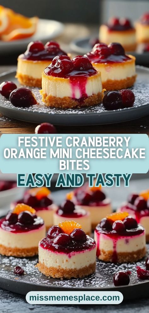 Celebrate the season with these festive cranberry orange mini cheesecake bites! These charming desserts not only look stunning but also deliver a deliciously balanced flavor profile of tart cranberries and bright orange zest. Perfect for holiday parties or cozy get-togethers, each bite offers a creamy texture and buttery crust that melts in your mouth. Discover how easy it is to whip up these delightful treats and make your next event extra special with this sweet addition! Mini Orange Cheesecake, Christmas Mini Cheesecakes, Cranberry Cheesecake Bites, Mini Cranberry Cheesecake, Cranberry Orange Cheesecake, Cranberry Cheesecake Recipes, Holiday Cheesecake, Cheesecake Cookies Recipes, Mini Cheesecake Bites