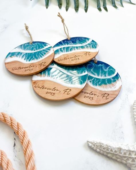 Amy | Ocean Epoxy Resin Artist & Woodworker on Instagram: "A newb to the shop 👀 Maple Christmas Ornaments for those who prefer the sandy vibe instead of the dark walnut ☀️🌊🏝️" Tenant Gifts, Ocean Ornaments, Tree Hangings, Christmas At The Beach, Beach Tree, Travel Ornament, Beach Ornaments, Cleaning Wood, Family Christmas Ornaments