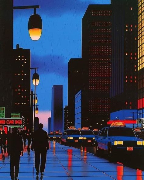 Downtown Art Aesthetic, 80s Aesthetic Paintings, 80s Night Aesthetic, 90s City Aesthetic, 80s Painting Ideas, Comics Aethstetic, 90s Dark Aesthetic, Retro City Aesthetic, Night Club Illustration