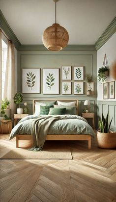 Sage Bedroom Feature Wall, Wicker And Green Bedroom, Soft Green Interior Design, Bedroom Design Sage Green, Different Shades Of Green Bedroom, Emerald Green And Tan Bedroom, Earthy Bedroom Wallpaper, Subtle Accent Wall Bedroom, Sage Green Studio Apartment