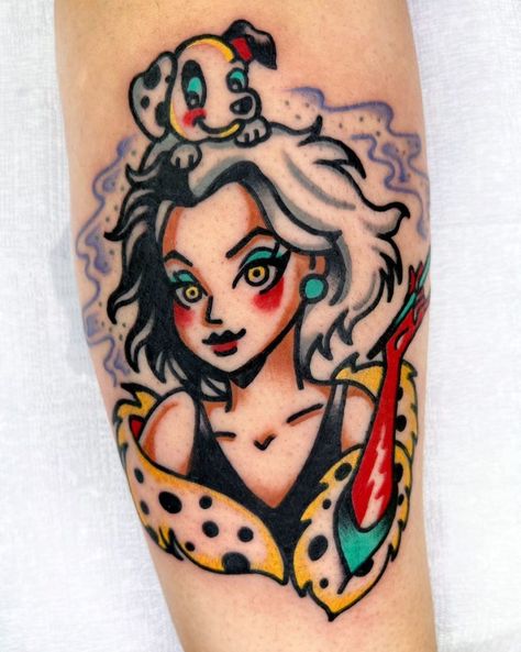 Cruella Deville Tattoo, Cruella Tattoo, Disney Princess Tattoo, Cruella Deville, Gaming Tattoo, Creative Eye Makeup, Tattoo Outline, Creative Eye, 101 Dalmatians