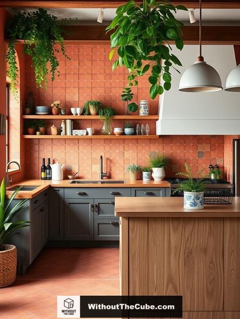 Balancing bold and muted elements is key to cultivating a Bohemian kitchen's alluring charm. By incorporating vibrant accents like mosaic tile backsplashes alongside organic neutrals such as weathered wood and rattan, you can create a visually-striking space. Discover the nuances of patterns and textures that enhance this enchanting aesthetic. #HomeDecor #KitchenDesign #BohemianKitchen #BohoStyle #EclecticHome #InteriorInspo Rust Kitchen, Rattan Texture, Kitschy Kitchen Decor, Kitchen Styling Ideas, Bohemian Tiles, Eclectic Kitchen Decor, Earthy Kitchen, Enchanting Aesthetic, Eclectic Tile