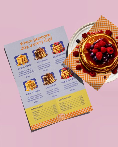 Everyday is pancake day at The Maple Stack 🥞 Throwing it back to this passion project where I crafted their full branding suite along with a single-sided menu! I decided to create a custom 3 stack shape to house product imagery, which is a total reflection of their brand icon (featured at the bottom of the menu). The autumnal colour palette helps them stand out from their competitors, as dessert restaurants tend to use bright summery hues. Then finally, the checkerboard bottom strip helps ... 2023 Social Media, Dessert Restaurants, Pancake Toppings, Throwing It Back, Famous Recipe, American Diner, Pancake Day, Brand Icon, Dairy Milk