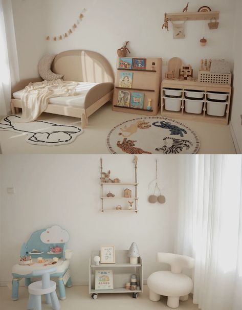 Small Toddler Bedroom Montessori, Montessori Style Nursery, Small Room Montessori, Montessori Bed In Parents Room, Modern Montessori Bedroom, Infants Room Ideas, Small Montessori Nursery, Minimalist Montessori Bedroom, Montessori Style Bedroom