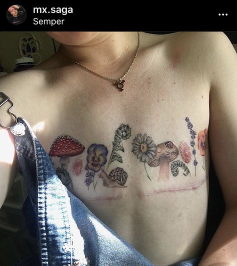 Post Top Surgery Tattoos, Too Surgery Tattoo, Cool Tattoos To Draw, Nonbinary Tattoo Ideas, Top Surgery Tattoo Cover Up Ftm Chest, Trans Chest Tattoo, Top Surgery Tattoo Ideas, Gender Neutral Tattoos, Nonbinary Top Surgery