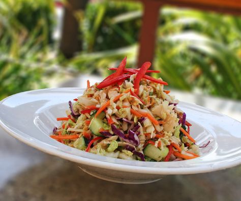 My favorite meal at Lazy Dog Restaurant & Bar. A fresh salad perfect for summer. Fresh veggies including cucumber and lean strips of chicken breast. Mint & Cilantro are what keep me ordering it time after time. :) Lazy Dog Restaurant, Dog Restaurant, Thai Chicken Salad, Thai Peanut, Spicy Thai, Fresh Salad, Cucumber Recipes, Napa Cabbage, Summer Fresh