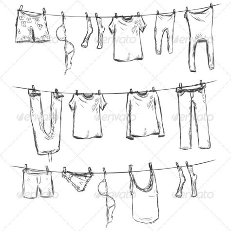 Sketch of Laundry on a Rope Rope Drawing, Laundry Hanging, Laundry Lines, Drawing Furniture, Line Doodles, Line Sketch, Vector Sketch, Washing Line, Line Illustration