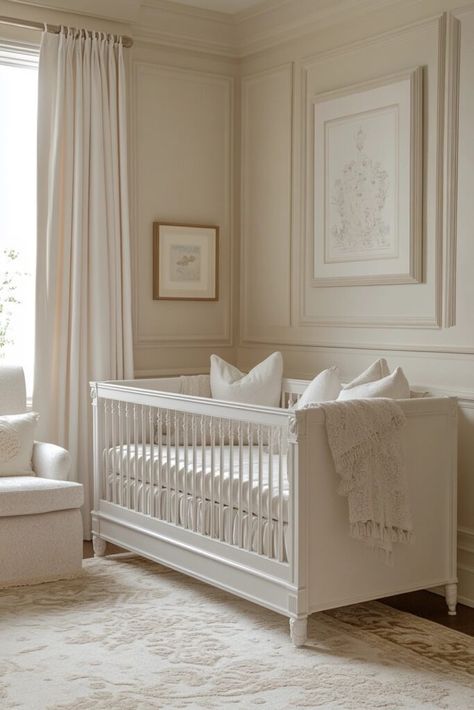 Neoclassical Baby Nest Canopy For Nursery, High End Nursery Design, Simple Elegant Nursery, Nursery With Walnut Crib, Country Chic Nursery, Waynes Coating Ideas Nursery, Nursery With Molding, Traditional Gender Neutral Nursery, Italy Themed Nursery