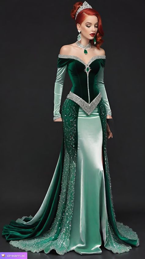 Merida Inspired Prom Dress, Emerald Ball Gown, Asgardian Dress, Fae Costume, Fae Dress, Rh Design, Aurora Dress, Dresses Beautiful, Corset Fashion