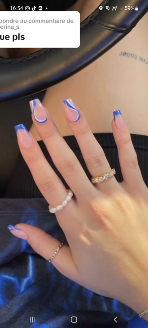 Graduation Nails Acrylic Blue And White, Prom Nail Inspo Royal Blue, Royal Blue Prom Dress Nail Ideas, Royal Blue Nails Designs Short Round, Blue Concert Nails, Royal Blue Nail Ideas Acrylic, Blue Nail Designs Prom, Homecoming Nail Ideas Blue, Grade 8 Grad Nails Acrylic