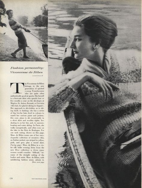 The Fashion Personality of a Great Beauty: Vicomtesse de Ribes.  Photo by Lord Snowdon.  Vogue, December 1959.  Page 3/6. Woolen Tights, Jacqueline De Ribes, Lord Snowdon, Skiing Outfit, Zermatt, Fur Hat, Vintage Elegant, Chic Woman, Fox Fur