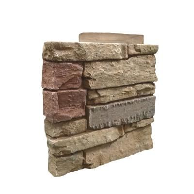 Stacked Stone Desert Sunrise 12 in. x 1.375 in. x 12 in. Faux Stone Siding Left Corner Panel Outdoor Kitchen Cheap, Porch On Ranch Style House, Faux Rock Exterior, Diy Outdoor Kitchen Cheap, Front Porch On Ranch Style House, Front Pillars, Rock Exterior, Wood Burning Stove Corner, Trailer Exterior