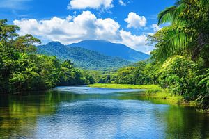 Pristine river flows through lush green jungle landscape under bright blue sky, River in green jungle forest Pristine landscape of Daintree rainforest Jungle Landscape, Daintree Rainforest, Bright Blue Sky, Jungle Forest, Green Jungle, Lush Green, Bright Blue, Blue Sky, Lush