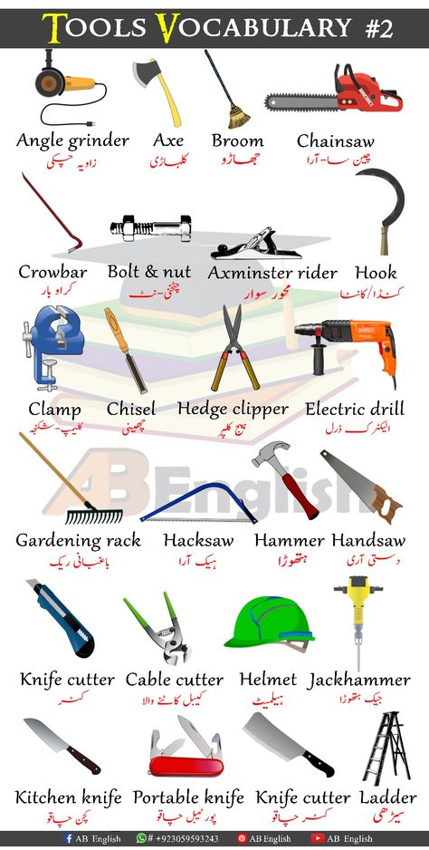 Here are Tools names in English with urdu. That you can learn basic English Vocabulary from this Pin. So, if you want to learn Pronunciation of these Vocabulary, please you can Visit. Tools Vocabulary, Basic English Vocabulary, Human Body Vocabulary, Name Of Vegetables, Vocabulary In English, Basic English Sentences, English Phrases Sentences, English Learning Books, To Learn English