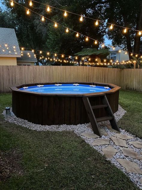 Backyard Oasis With Pool On A Budget, Above Ground Pool Ideas Round, Small Pool Area Decorating Ideas, Over Ground Pool Ideas, Renter Friendly Pool Ideas, Plastic Pool Ideas Backyards, Decorate Around Above Ground Pool, Above Ground Pool Setup Ideas, Above Ground Pool Aesthetic