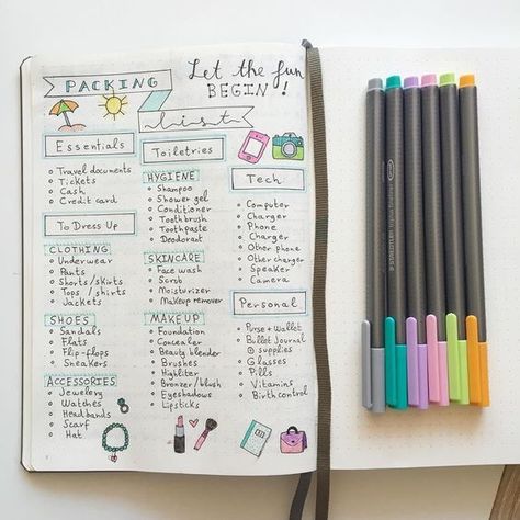 Ultimate List of Bullet Journal Ideas: 101 Inspiring Concepts Packing List Bullet Journal, Diy Travel Journal, Bullet Journal Page, Packing Checklist, Travel Journal Ideas, Packing List For Travel, Diy Travel, Bullet Journal Layout, Packing Lists