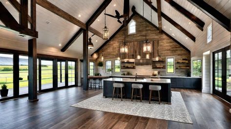 Barndominium Layout Open Concept, Split Level Barndominium, Barndominium Open Floor Plans, Barndominium Interior Open Floor, Barndominium Layout, Barndominium Houses, Vaulted Ceiling Ideas, Barndominium Interior, Barn House Interior