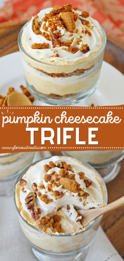 Pumpkin Cheesecake Trifle, fall desserts, pumpkin recipes, easy to make sweet treats Pumpkin Cake Trifle Desserts, Paula Deen Thanksgiving Desserts, Pumpkin Cheesecake Trifle Recipe, Pumpkin Roll Trifle Desserts, Triffle Desserts Pumpkin, Best Trifle Desserts, Pumpkin Pie Trifle Recipes, Easy Pumpkin Trifle, Pumpkin Mousse Trifle