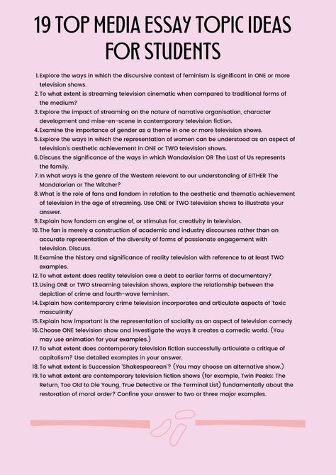 Writing a media essay can be a challenging task. In this guide, we provide you with 19 top media essay topics to help you get started. Reach out to us through our site if you need professional  help at a good price. Personalized writing solutions for every kind of project. Homework Harmony Hub: Where Students Thrive 🎓 xlimkid biography, college essay about being a twin, very short introduction 🤝 #StudyHacks Article Topics Ideas, College Essay Ideas, Research Topics Ideas, Topics To Research, Topics To Study, Dissertation Tips, College Essay Tips, Topics To Write About, Persuasive Essay Topics