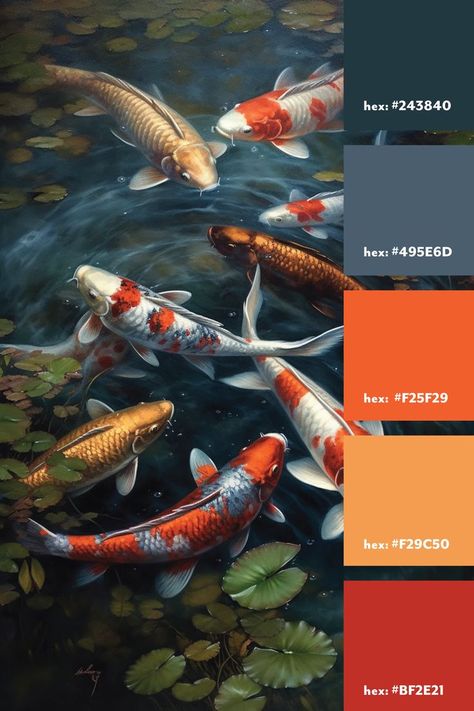 A blue grey and orange color palette from a photo of koi fish in a pond. Koi Fish In A Pond, Fish In A Pond, Koi Fish Colors, Orange Color Palette, Graphic Design School, Koi Art, Orange Color Palettes, Japanese Fish, Japanese Colors